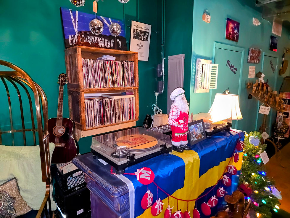 Music plays a central role in shaping the energy of The Soulful Steep. The owner intentionally chose vinyl records over digital playlists to keep the experience grounded and tactile.