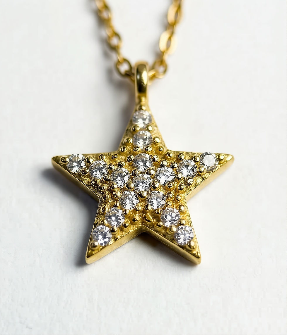 Küçük resim: Parıltılı zirkon taşlı yıldız figürlü altın kaplama gümüş kolye ucu.