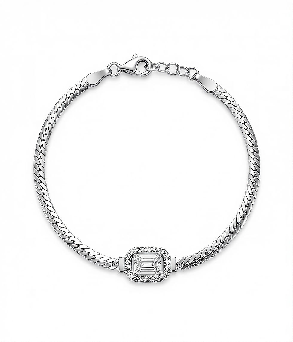 Etrafı küçük zirkon taşlarla çevrili baget kesim taşlı 925 ayar gümüş İtalyan zincir bileklik.