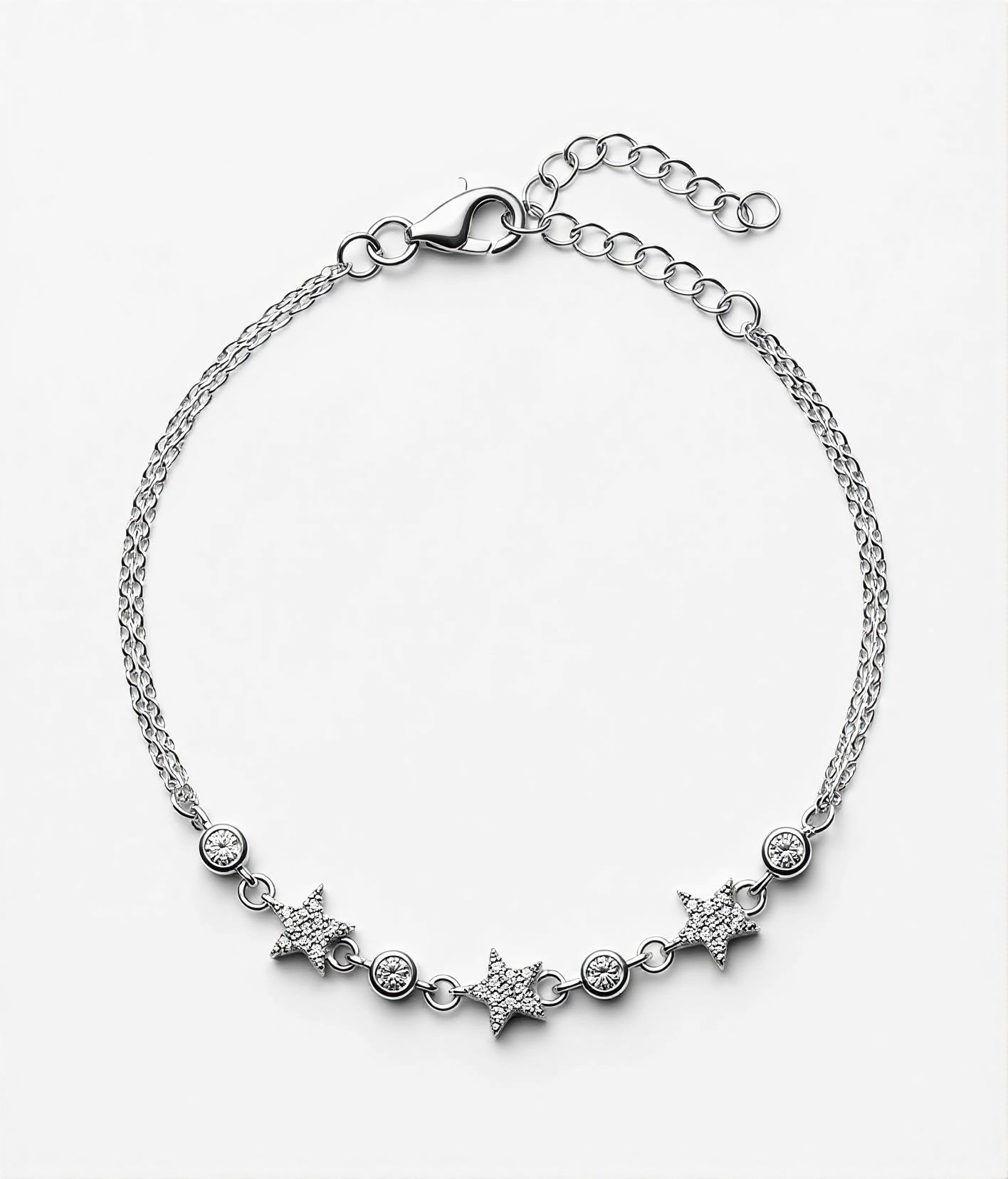 Zirkon taş süslemeli yıldız figürlü 925 ayar gümüş çift zincirli bileklik.