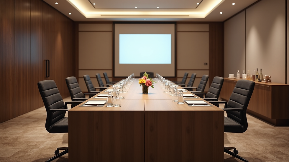 High angle view of a hotel conference room set up for business meetings