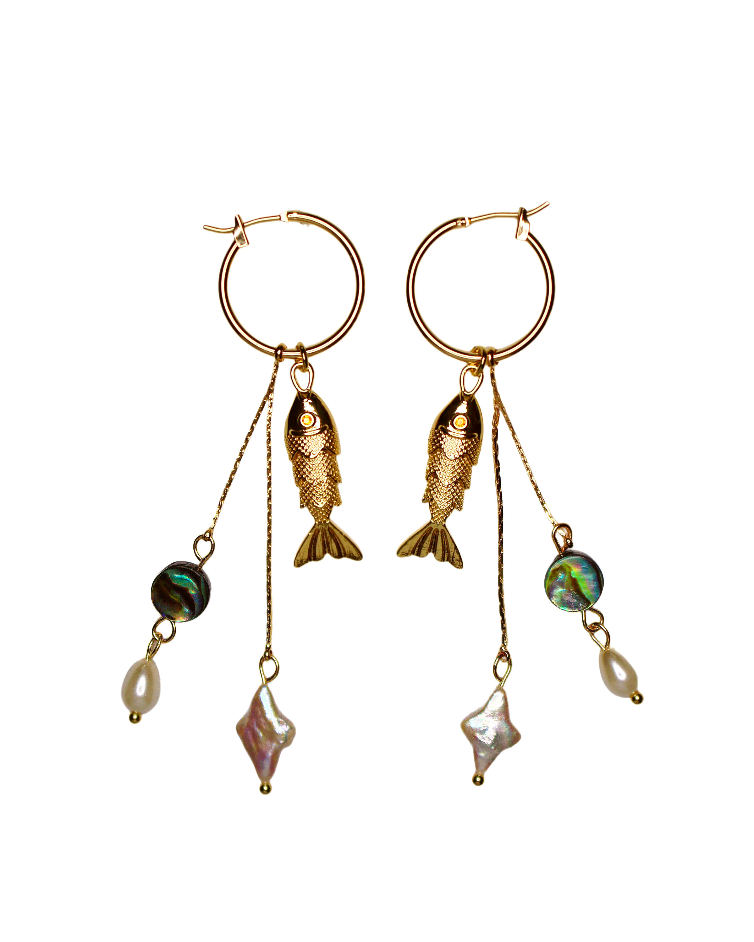Fish and Pearl Dangle Hoops