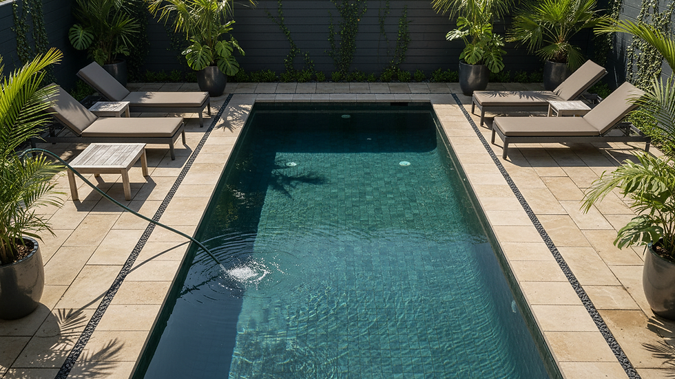 high angle view of a backyard pool with a hose filling water