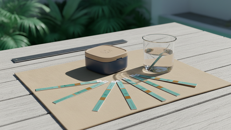 close-up view of pool water testing kit with test strips