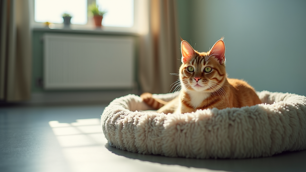Close-up view of a clean and cozy cat bed inside an indoor boarding facility