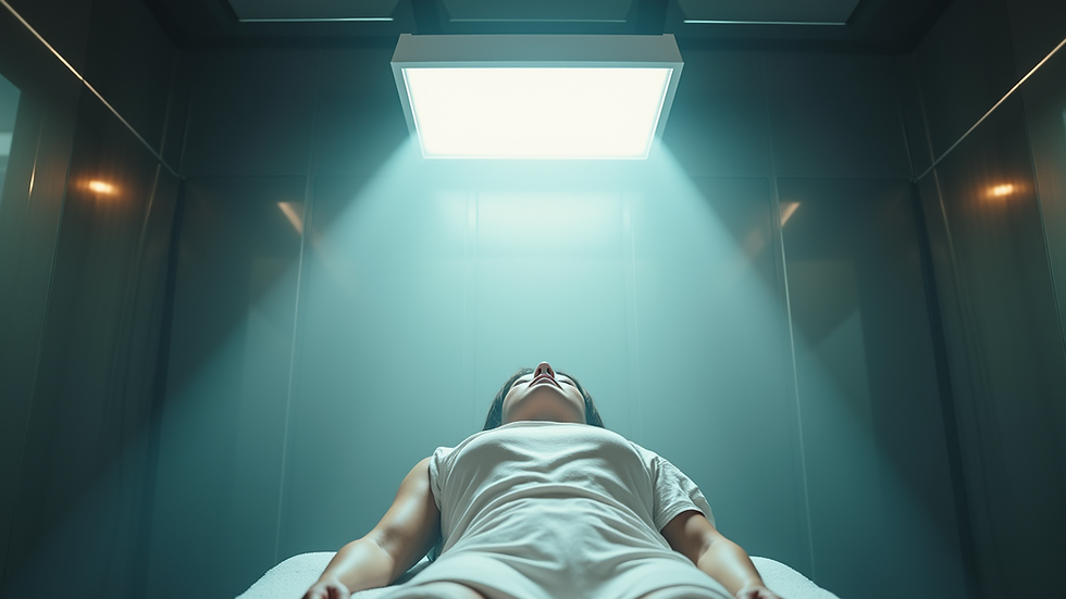 Eye-level view of tanning spray booth with mist in action