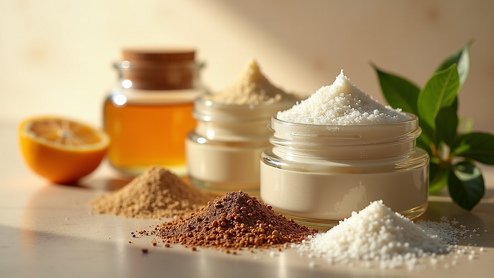 Close-up view of natural plant-based skincare ingredients in glass jars