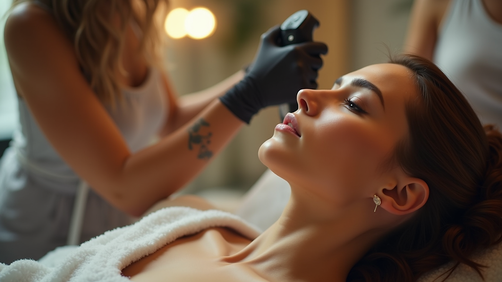 Eye-level view of a client receiving a spray tan in a salon