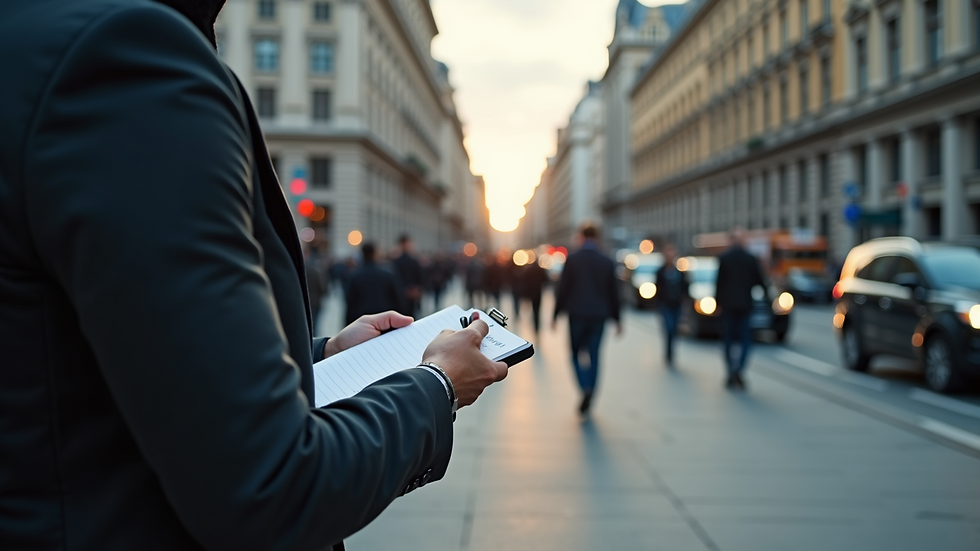 Eye-level view of a journalist with a notepad in a busy city