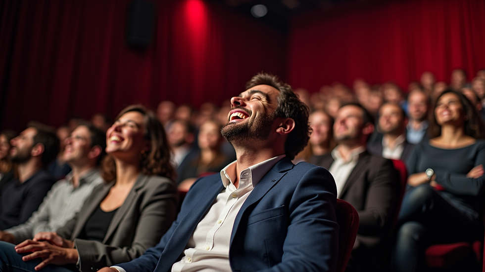 Wide angle view of an audience laughing during a comedy show