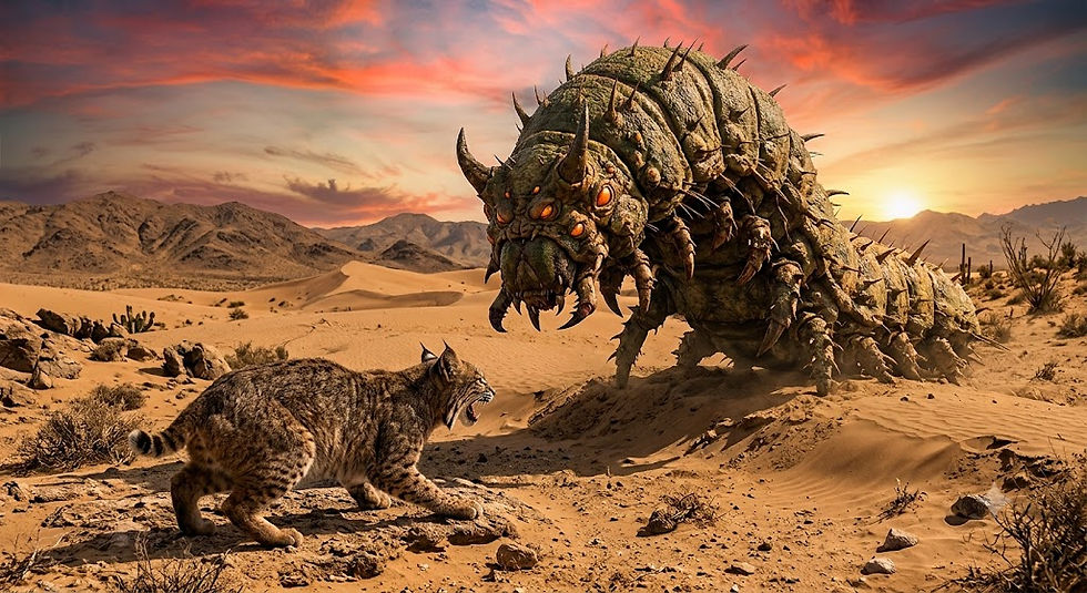 Bobcat faces a giant horned monster in a desert at sunset, with glowing eyes and dust in the air.