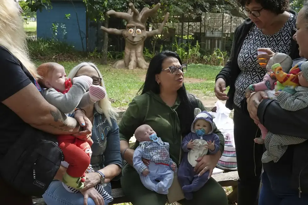 middle age women playing with plastic dolls. Too much PTSD.