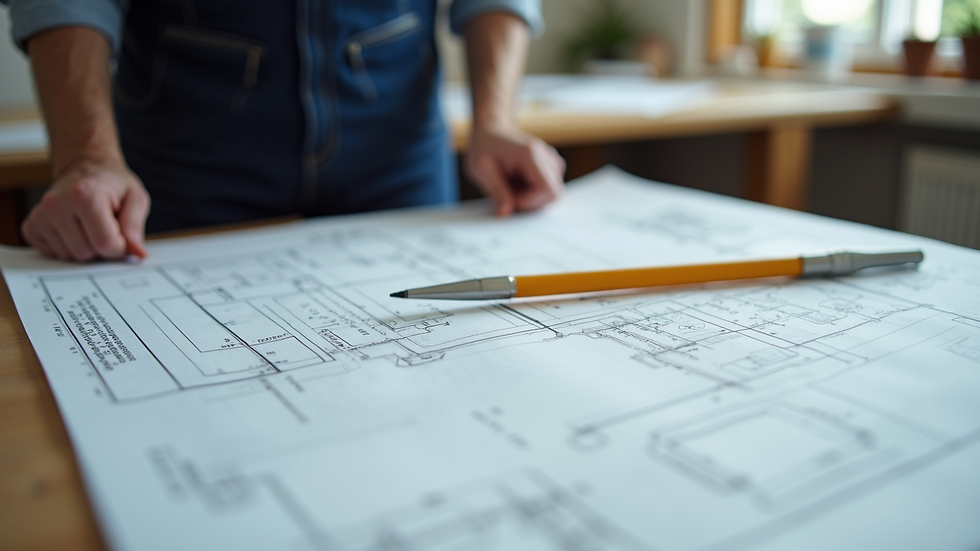 Close-up view of construction plans on a work table