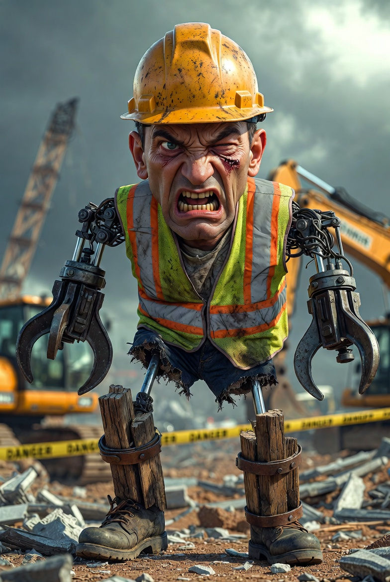 A man with fake arms, fake legs and a hard hat looks angry...