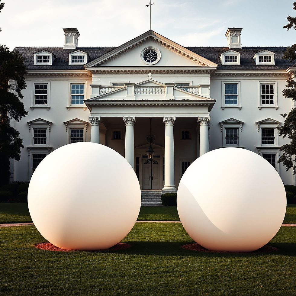 a photo of 2 giant white balls in front of a white house.