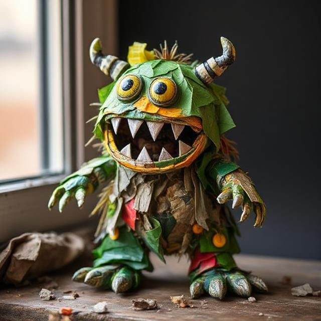 A photo of a little monster made out of construction waste.
