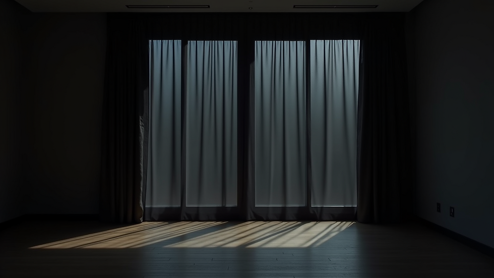 Wide angle view of a dark room with blackout curtains