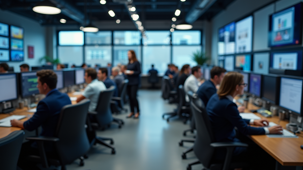Wide-angle view of a busy newsroom filled with journalists