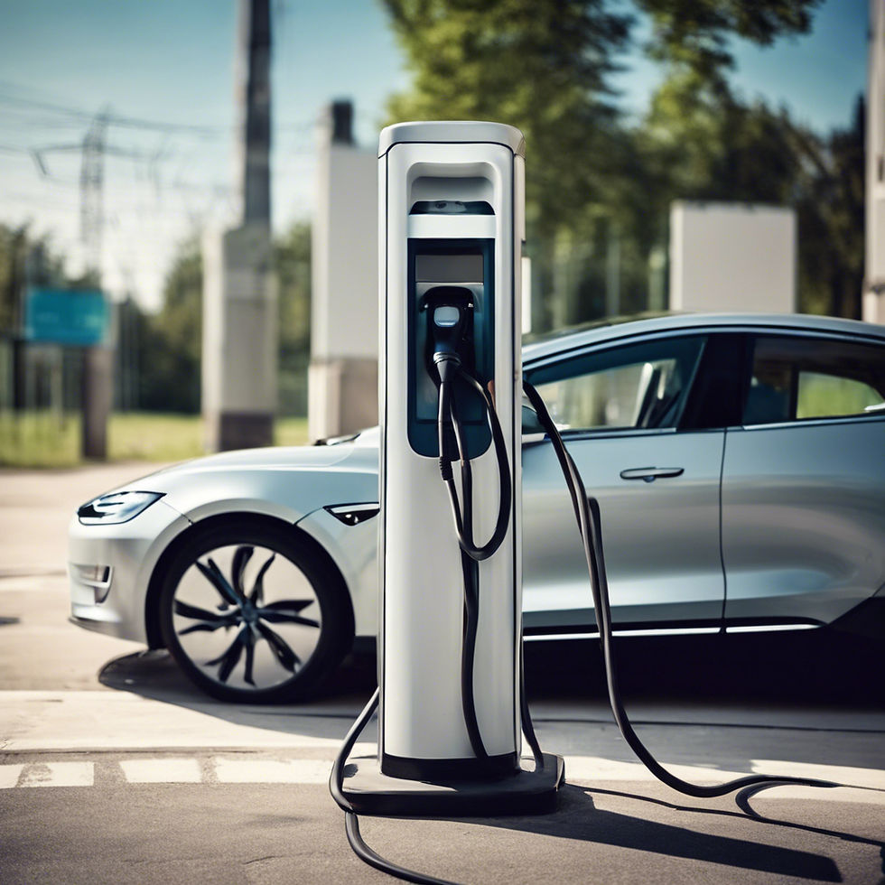 a photo of a electric charger with a car parked and 1 two many wires...