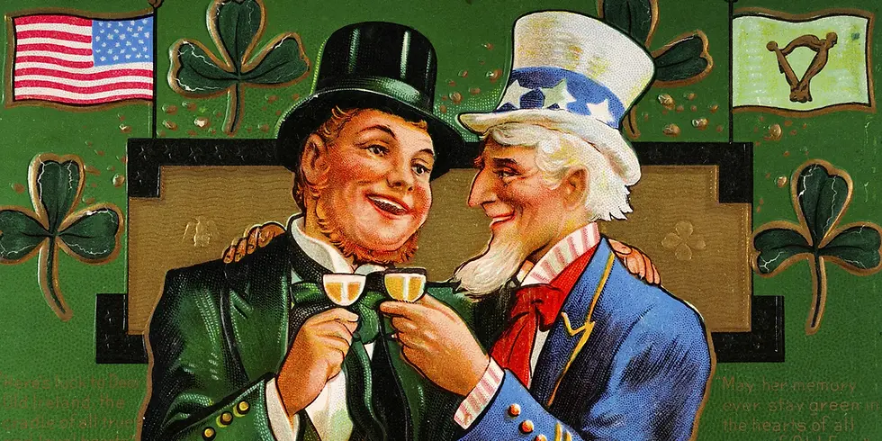 Uncle Same and a St. Patrick impersonator sharing an adult beverage.