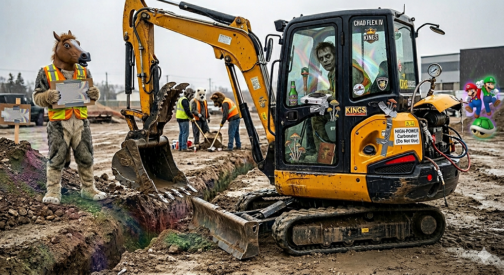 This photo is insane, a ghoul is in an excavator with a furry with a horse head standing there.