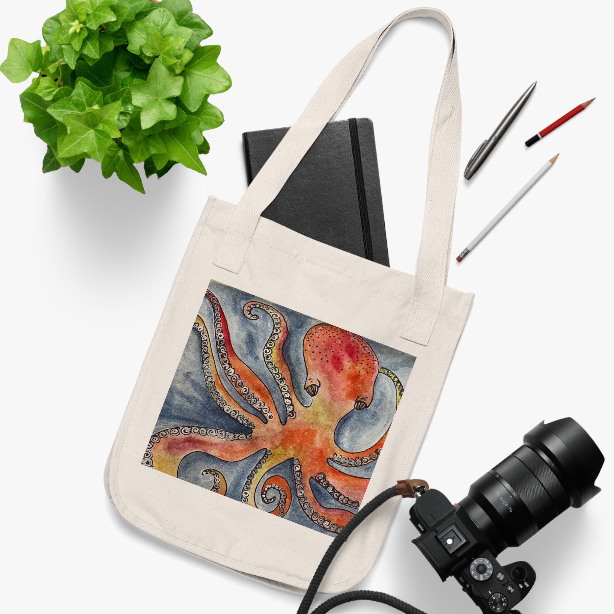 Octopus Watercolor Canvas Tote Bag — Organic Eco-Friendly Beach Shopper