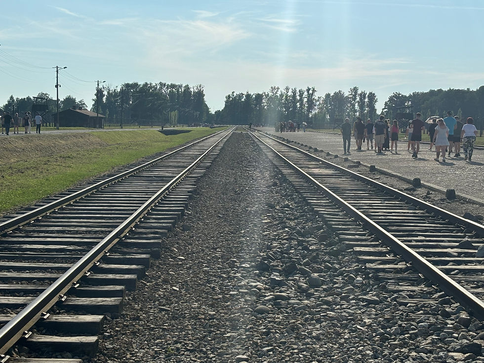 a view down the train tracks at Birkenau