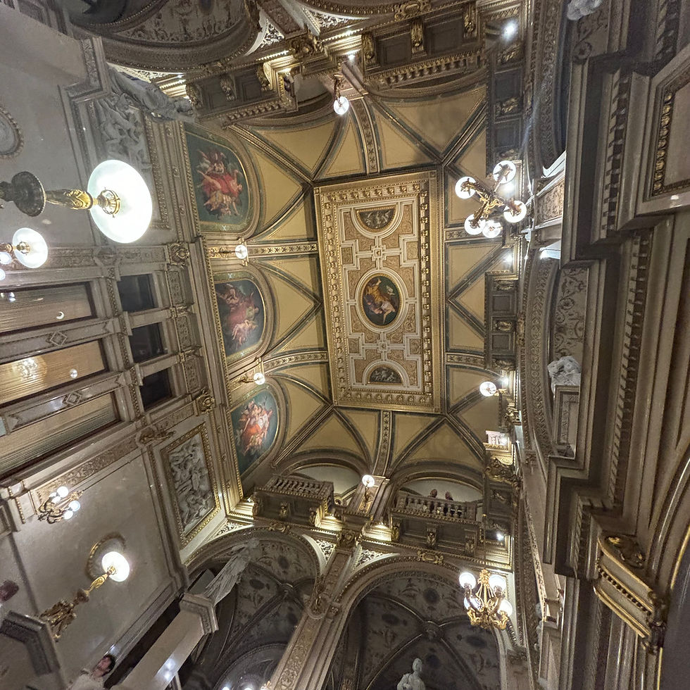 a view of the ceiling from below showing the stunning architecture and artwork