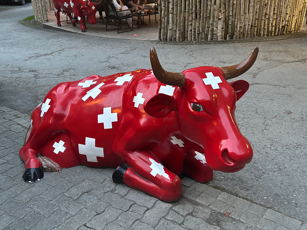 A red and white crossed cermic bull in the grounds of the campsite