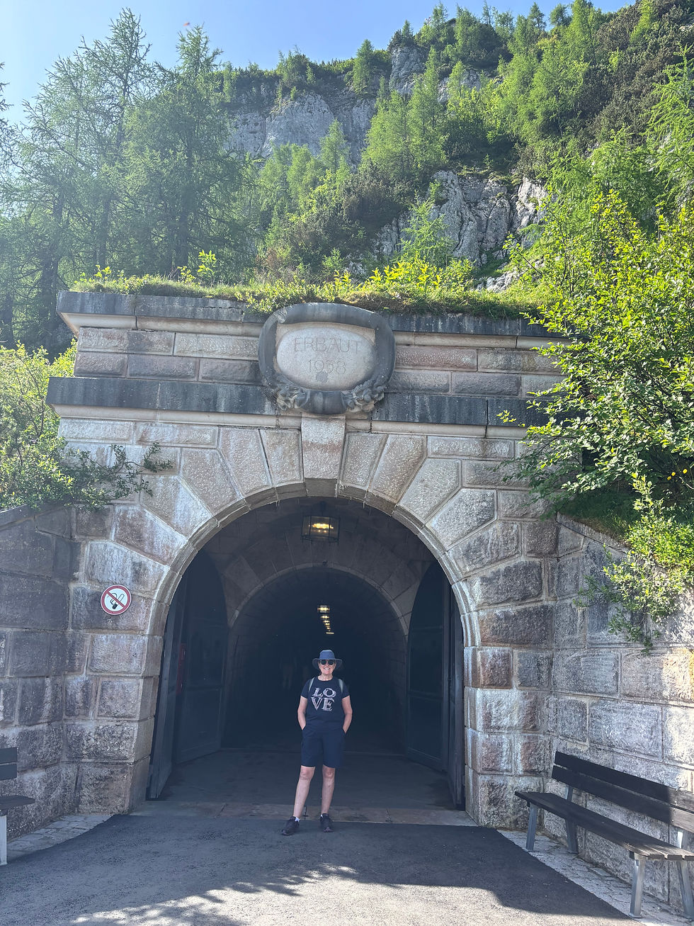 Karen showing the entrance to the 126m long tunnel