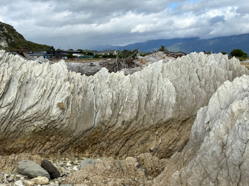 Light grey Vertical rocks protruding from the beach in Kaikoura