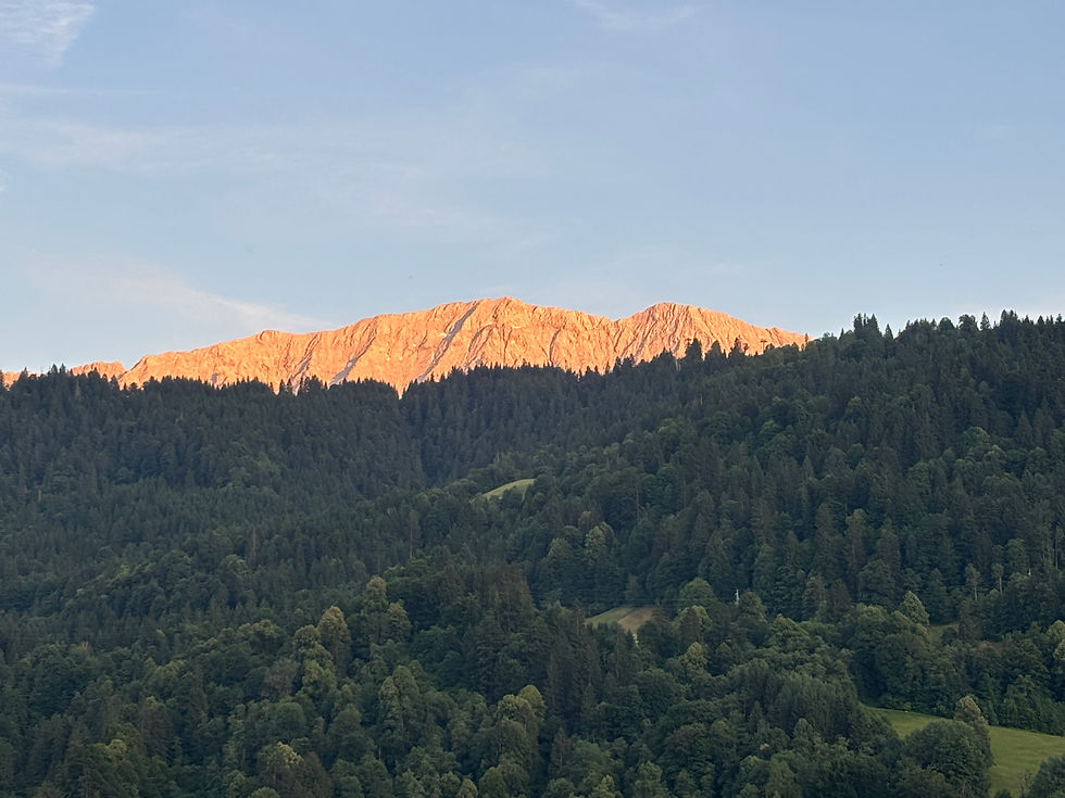 The mountain range glowing orange in the setting sun