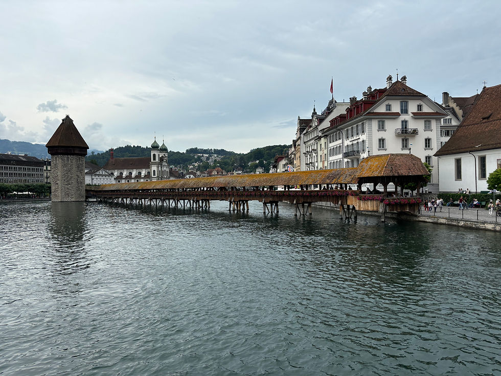 The water tower and one side of the bridge on the river Reuss