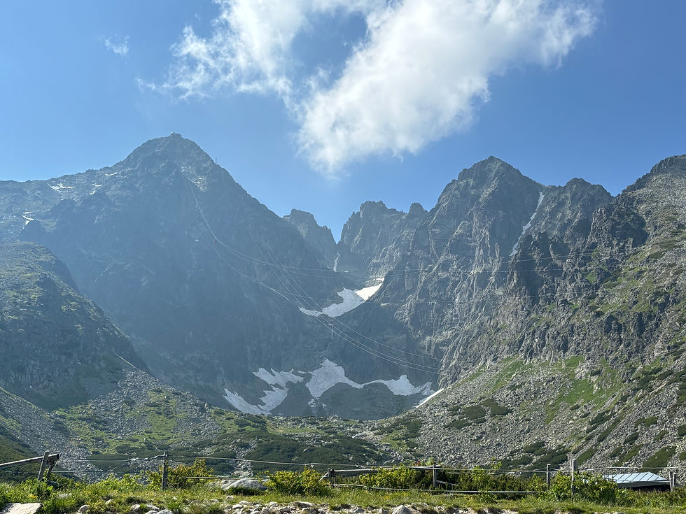 The High Tatra Mountains against the blue sky with snow fields and lush vegetation