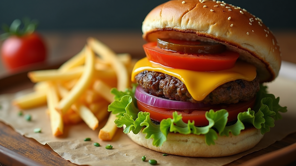 High angle view of a colorful plant-based burger served with fries
