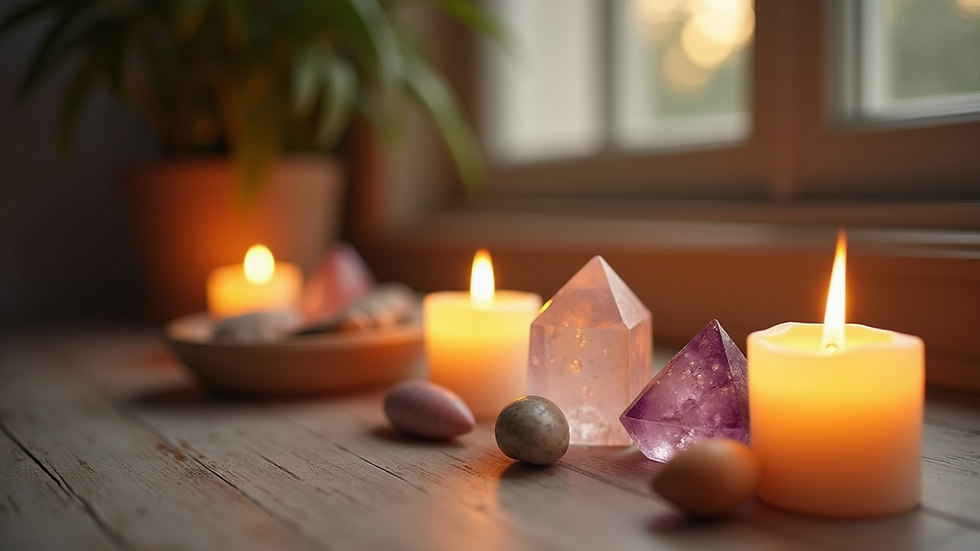 Eye-level view of a serene meditation space with candles and crystals