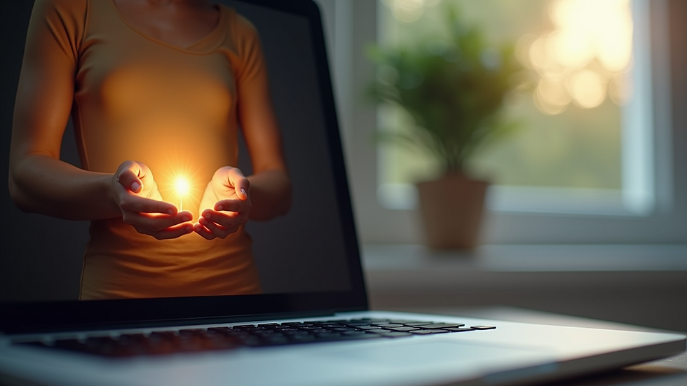 Close-up view of a laptop screen showing a virtual spiritual healing session