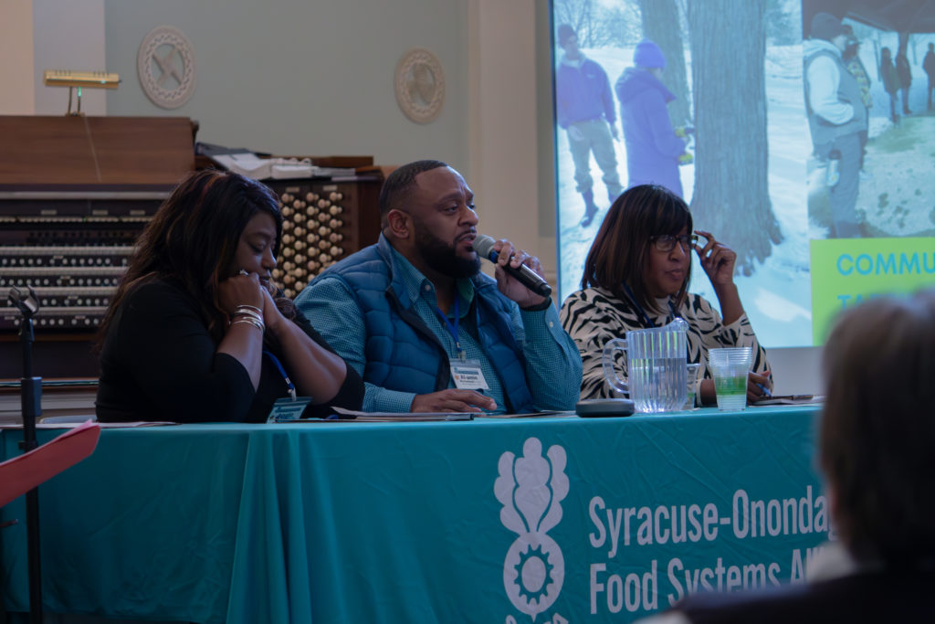 Left to right: Amalia Swan, Al-amin Muhamed, and Rhonda Vesey speak about Feeding Our Communities & Building Community Resilience. (Credit: So Nishitani)