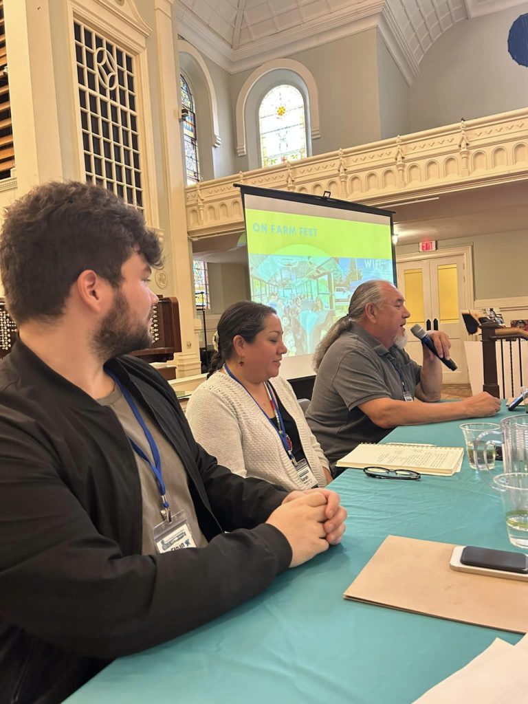 Left to right: Ethan Tyo, Sarah Patterson, and Curtis Waterman speak on Indigenous food sovereignty. (Credit: Esteli Jimenez-Soto)
