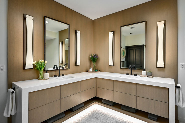 LED toe kick lighting in primary bathroom in downtown Milwaukee, Wisconsin