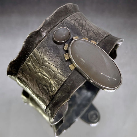 Grey moonstone, white moonstone sterling silver and gold cuff