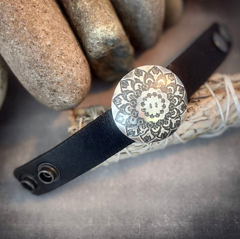 Sterling silver mandal and leather cuff bracelet