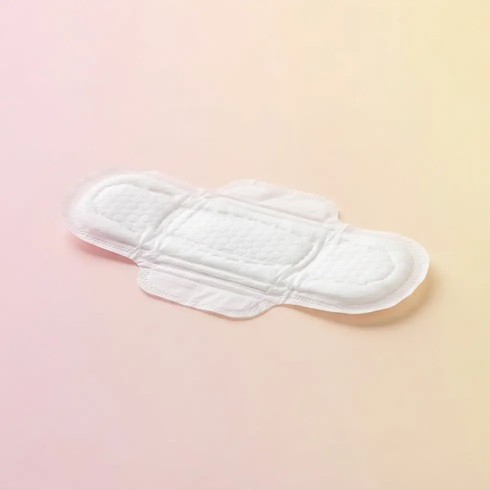 Studio photography of a single menstrual pad laid out against a soft, gradient pink and yellow background. The image has a clean, minimalist feel.