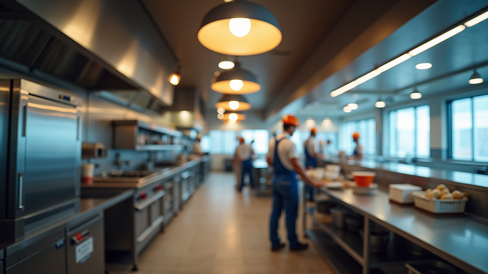 Close-up view of construction workers installing kitchen equipment inside a QSR building