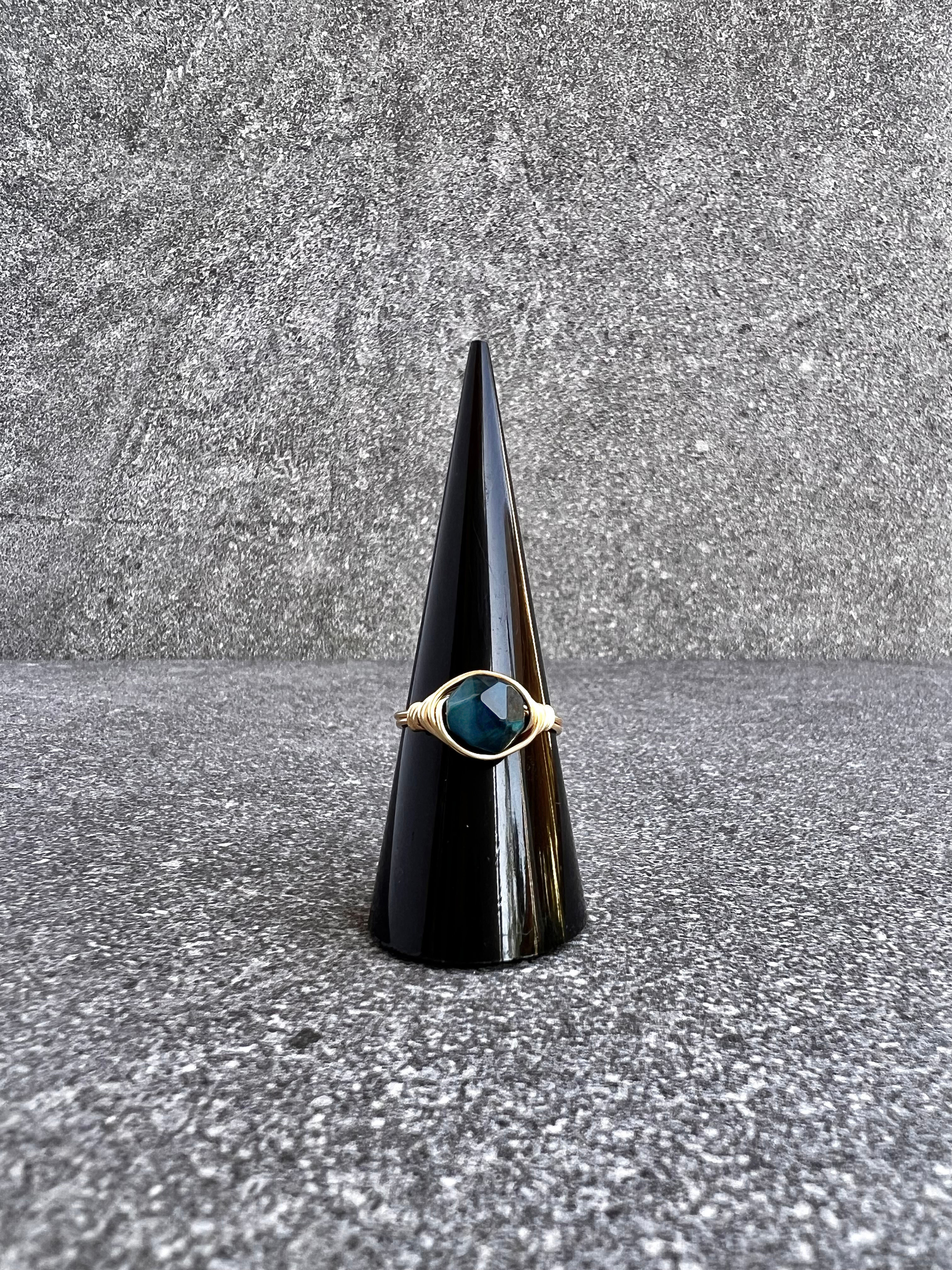 Blue Green Tiger Eye Gold Wrapped Ring