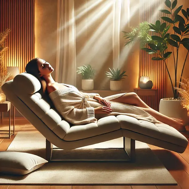 DALL·E 2024-11-06 10.47.17 - A serene, calming image of a woman relaxing in a plush, recli