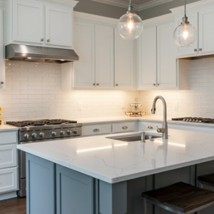Modern kitchen with white cabinets, marble island, stainless steel appliances. Two stools, pendant lights, and a bright, clean atmosphere.