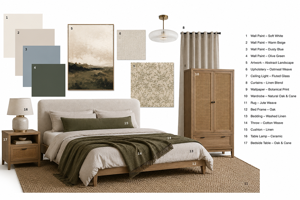 Stylish neutral bedroom mood board with oak bed, cane wardrobe, olive bedding, botanical wallpaper, and labeled design swatches.
