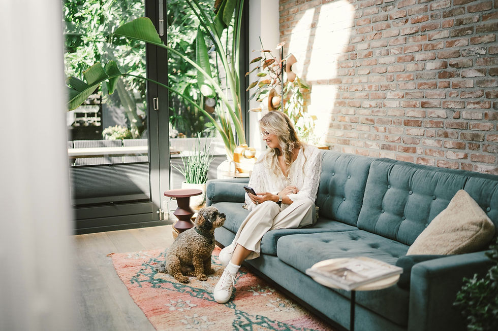 Woman sits on a teal sofa using a phone, looking at a dog. Sunlit room with plants, brick wall, and colorful rug. Calm atmosphere.