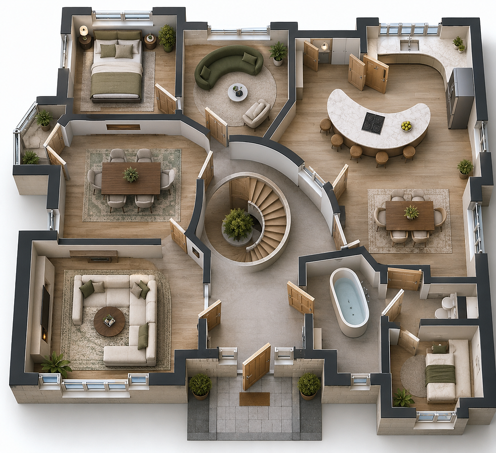 3D cutaway of a modern home floor plan with bedrooms, living and dining rooms, kitchen, spiral staircase, and central entry hall
